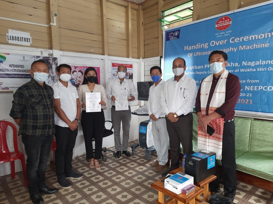 ADC Wokha, T Lankosen; DC. Das, Head of Plant NEEPCO Doyang; along with medical officials and NEEPCO Officials at the handing over programme of Ultrasonography machine at UPHC Wokha on October 26. (Photo Courtesy: CMO Wokha)